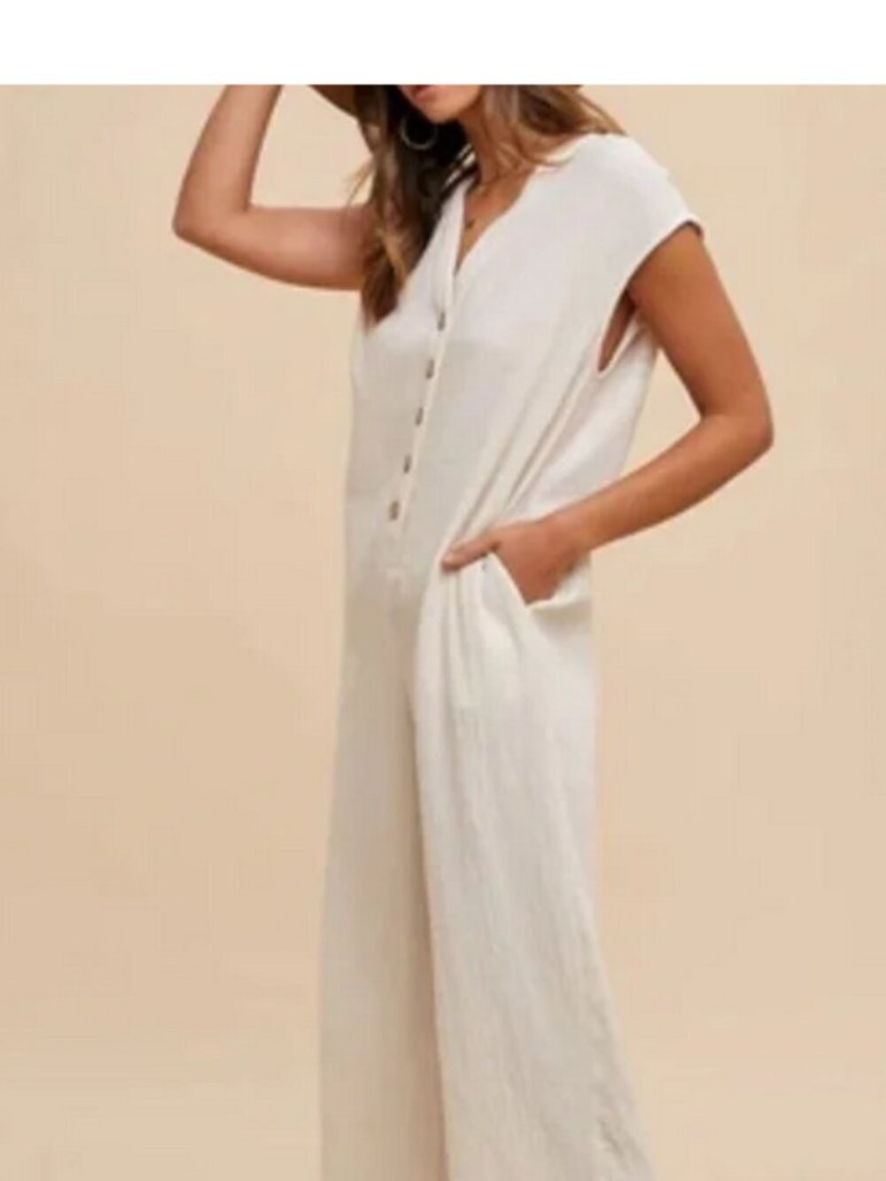 Zara Neutral Button-Front One-Piece Jumpsuit, S